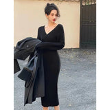 Ebbgo  -  Elegant Knitted Midi Dress Women Fashion Black Sexy V Neck Sweater Dresses Winter Ladies Korean Bodycon Chic A Line Vestidos New