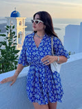 Ebbgo   Batwing Sleeve Embroidery Summer Beach Casual Dress Women Buttons A-line Belt Loose Casual Holiday Blue Short Vestidos