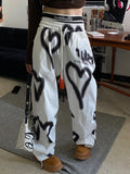 Ebbgo   Y2K Harajuku White Sweatpants Women Streetwear Hippie Heart Print Wide Leg Jogger Pants Oversized Korean Fashion Trousers