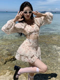 Ebbgo  New Summer Sweet Girl Print Two Piece Set Women V-neck Backless Sexy Crop Top+Cake Skirt Sets Vacation Beach 2 Piece Suits