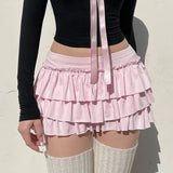 Ebbgo  Pink Bow Pleated Mini Skirts Y2k Solid A-line Skirts Kawaii Lolita Ruffle Skirts Sexy Ballet Skirts Casual Short Dress For Women