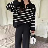 Ebbgo  -  Korean O-neck Striped Lapel Long Sleeve Pullover Women Sweater+high Waist Wide Leg Pants Two Piece Set Autumn Winter Streetwear