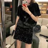 Ebbgo  Black Mini Sequin Skirt Women Korean Fashion Sexy Elastic Waist Slim A-line Short Skirt with paillettes Casual Autumn