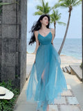 Ebbgo  -  Women Beach Long Holiday Dress Blue Mesh Strap V-Neck Split Maxi Dress vestidos elegantes wedding party dresses prom dress