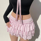 Ebbgo  Pink Bow Pleated Mini Skirts Y2k Solid A-line Skirts Kawaii Lolita Ruffle Skirts Sexy Ballet Skirts Casual Short Dress For Women