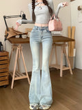 Ebbgo  Korean style Blue Fashion Flare Pants Women Pockets Elegant Denim Pants Female High Waist Casual Slim Pants