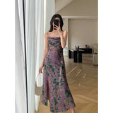 Ebbgo  Summer Sexy Vintage Spaghetti Strap Women Dress High Quality Elegant Floral Purple Slim Maxi Party Beach Vestidos Female Mujers