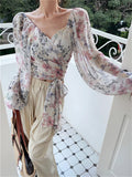 Ebbgo  Lantern Sleeve Women Thin Blouses Printed Chiffon Summer V-Neck  Slim Thin Florals New Sexy Work Wear Gentle