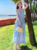 Ebbgo  -  Women Summer V-neck Backless Fairy Dress Vintage Blue Ruffles Holiday Beach Spaghetti Strapped Dresses Elagant Party Dress