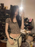 Ebbgo  2024 Summer Grunge Leopard Print Harajuku Tops Y2k Aesthetic Lace Patchwork Slim Fit Crop Tees Streetwear Vintage Fairy T-shirts