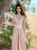 Ebbgo  -  French Pink Vintage Dress Woman Princess Fake Two Pieces Dress Female Casual Lace Long Sleeve Elegant Party Midi Dresses