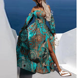 Ebbgo  -  Summer Fashion Boho Print Maxi Beach Dress Women Off Shoulder Long Sleeve Dress Sexy Skinny Slash Neck Party Dress Vestidos