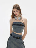 Ebbgo  -  Women's Summer Sexy 2 pcs Sets Off Shoulder Denim Tops+High Waist Pleated Jean Skirt Set