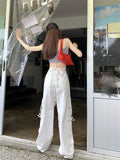 Ebbgo  -  Hollow Lace Casual Pants Loose Wide Leg Overalls Summer Hot Girls Mop Pants White Pants Women