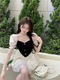 Ebbgo  -  Lolita Girl Stitching French Princess Dress Sexy Square Collar Ruffles Hem Cake Party Dress Puff Sleeve Slim A Line Mini Dress