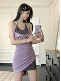 Ebbgo  Two Pieces Set Y2k Aesthetic Hollow Out Knitted Streetwear Bandage Sleeveless Dress + Summer Sexy Solid Harajuku Veistidos Women