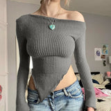 Ebbgo  2024 Spring New Gray Knitted T-shirts American Sexy Off Shoulder Slim Fit Tops Women Y2k Grunge Long Sleeve Tee Shirt