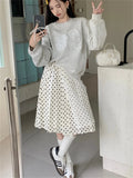 Ebbgo  Oversize Sweatshirts Women Grey Chic Casual New All Match 2024 Polka Dots Maxi Skirts Daily Office Lady Spring