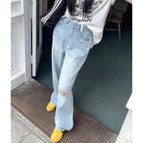 Ebbgo  Women's Clothing Blue Denim Jeans High Waisted Vintage American Style Straight Wide Leg Pants 2023 NEW Female Chic Pants