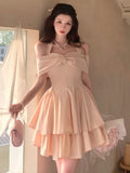 Ebbgo   Sweet Elegant Y2k Mini Dress Women Chic Korean Pink Kawaii Bow Office Lady Dress Perfect Summer Even Party Dresses Female