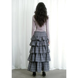 Ebbgo  Blue Long Skirt Womens Plaid Skirt 2024 Goth Lolita Spring Summer High Waist High Low Layer Ruched Ruffle Ball Gown Skirts Rok