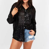 Ebbgo  -  Lady High Street Long Sleeve Loose Blouse Women Glitter Pocket Top Clothing Spring Fashion Sequins Turn-Down Collar Casual Shirt