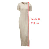 Ebbgo  - Elegant Solid Ribbed Knitted Maxi Dress Women O-neck Short Sleeve Pleated Lace Up Dresses Streetwear Robe