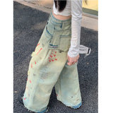 Ebbgo  Women Blue Ripped Jeans High Waist America Feeling Street Wide Leg Pants Y2K Vintage Ins Straight Baggy Plus Size Denim Trousers