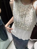 Ebbgo 2024 NEW White Pearl Sleeveless Knitted Vest Pullover Women O-neck Solid Hollow Out Rib Vests  Spring Elegant Lady Casual Tops