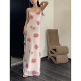 Ebbgo  Print Vintage Mesh Sweet Dress Women Sexy Y2k Aesthetic Spaghetti Maxi Dresses Streetwear Backless Light Pink Grunge Vestidos