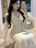 Ebbgo  Elegant Lace Midi Dress Women  V-neck Flare Sleeve Slim Mermaid Autumn Spring Vintage Evening Party Prom Robe Vestidos Mujer New