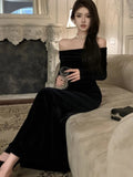 Ebbgo  Retro Velvet Long Dresses For Women Slash Neck Long Sleeve Bodycon Mermaid Autumn Winter Sexy Evening Party Prom Robe Vestidos