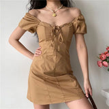 Ebbgo  -  Summer New French Sexy Square Neck Lace Up Bubble Sleeves Slimming Dress Women's Slim Fit A-line Short Skirt