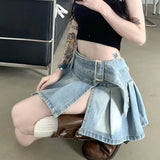 Ebbgo  2024 Summer New Blue Denim Skirt for Women Fashion Sweet High Waist A-line Skirts Y2k Grunge Split Ruched Faldas Mujer