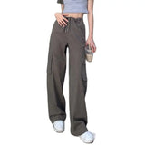 Ebbgo  -  High Waist Drawstring Overalls Straight Casual Pants Spring Vintage Wide Leg Pants Pants Skinny Pants Children