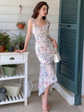 Ebbgo  -  Summer Sweet Floral Midi Dress Women Beach Printed Casual Even Party Dress Office Lady Elegant Ruffles Dress Korean Fashion