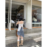 Ebbgo  Asymmetrical Pleated Skirts Harajuku Plaid Women Vintage Preppy Style High Waist A Line Casual Mini Skirt Korean Streetwear