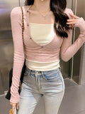 Ebbgo  Korean style Casual Spring Fashion Fake Two Pieces T-Shirts Square Collar Tees Patchwork 90s Slim Women Simple Top