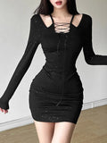 Ebbgo  Fake Two Pieces Patchwork Streetwear Dresses Slim Waist Tunic Women Y2k Aesthetic Bandage Dress Black Grunge Vestido De Mujer