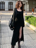 Ebbgo  Sexy Solid Knitted Dress For Women Long Sleeve Square Collar High Split Autumn Spring Vintage Slim Fashion Female Robe Vestidos