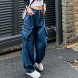 Ebbgo   Vintage Dark Blue Women Cargo Jeans Summer Y2K Streetwear Loose Pocket High Waist Denim Pants Bf Straight Wide Leg Trousers