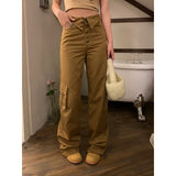 Ebbgo  Women Vintage Brown Cargo Jeans Straight High Waist Wide Leg Pants Casual Self Cultivation Baggy Denim Trouser Ladies Summer