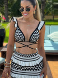 Ebbgo  -  Knitted Beach Skirt Sets Women Sexy Backless Slim Bohemian Outfits Fashion Striped Holiday Two Piece Set Summer Beachwear