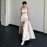 Ebbgo   -  Elegant Light Luxury Satin Wedding Dess New Women's Simple Champagne Strapless Backless Floor Length A-Line Beaded Vestido