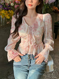 Ebbgo  Chiffon Print Elegant Vintage Blouse Women Flare Sleeve Fairy Sweet Blouse Female Ruffles France Style Causal Tops Summer