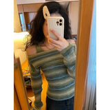 Ebbgo  Off Shoulder Slim Fit Tops Green Striped Long Sleeve Knitted Pullover+ Autumn New Bottoming Vest Y2k E-Girl Two Piece Sets