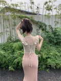 Ebbgo  Back Drawstring Hollow Out Bodycon Dress Vintage Women 2023 Summer Desinger Patchwork Embroidery Floral Ruffles Knitted Dress