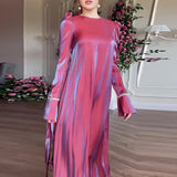 Ebbgo  -  Elegant Loose Belted Flare Sleeve Party Dress Lady O-Neck Long Sleeve Club Dresses New Women Spring Fashion Chic Flashing Dress