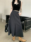 Ebbgo  Grey Long Skirts All Match Women Loose Autumn Gentle Chic Slim  Solid Office Lady Daily High Street Fashion