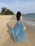 Ebbgo  -  Women Beach Long Holiday Dress Blue Mesh Strap V-Neck Split Maxi Dress vestidos elegantes wedding party dresses prom dress